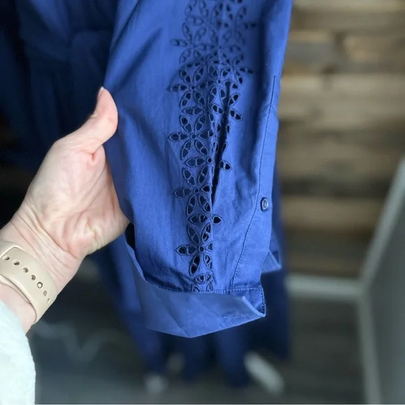 ME+EM Blue Cotton Broderie Shirt Dress Belted Maxi Eyelet Hem US 8 Quiet Luxury - Picture 7 of 16